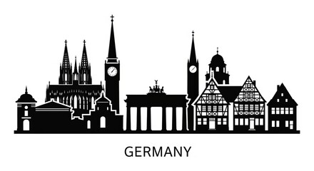 Germany skyline silhouette featuring prominent landmarks and architectural details in black and white