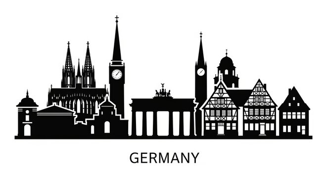 Germany skyline silhouette featuring prominent landmarks and architectural details in black and white