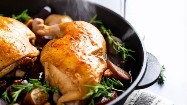 Roasted chicken quarters presented sizzling in a cast iron pan with beets, potatoes, and aromatic herbs, ready to be savored.