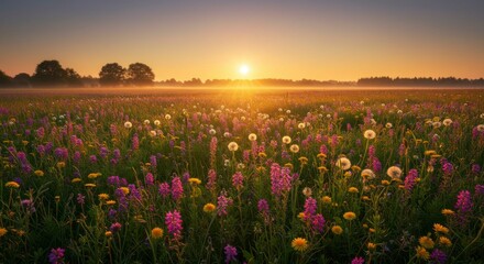 Obraz premium Sunrise over a misty field of wildflowers, bathed in warm golden light