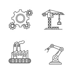 Illustrations of gears crane factory and robotic arm representing industry and manufacturing concepts