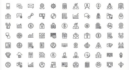 Collection of business and finance themed line art icons on a white background pattern design set