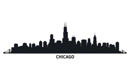 Naklejka premium Silhouette of the chicago skyline featuring bridges and skyscrapers against a white background