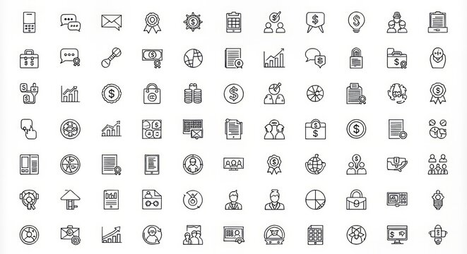 Collection of business and finance themed line art icons on a white background pattern design set