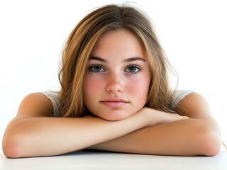 Fototapeta premium A serene portrait of a young woman resting her head on her arms