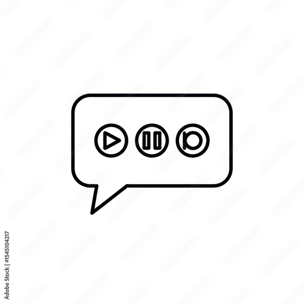 Poster a speech bubble containing play pause and record symbols in a simple black and white line drawing st