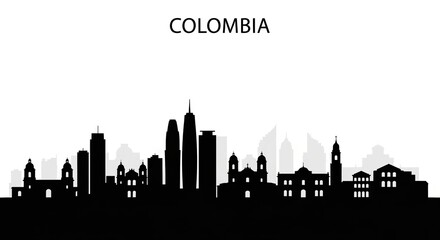 Fototapeta premium Silhouette of colombia skyline with buildings and churches against a white background design element