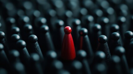 Obraz premium A Striking Image of a Red Pawn Standing Out Among Dark Ones Representing Leadership Individuality and the Power of Being Unique in a Crowded World