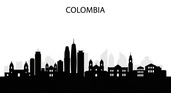 Silhouette of colombia skyline with buildings and churches against a white background design element