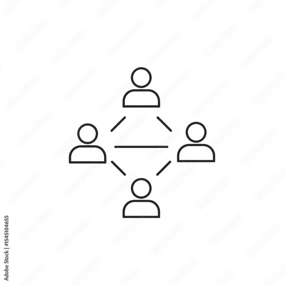 Poster illustration of a network of four simple figures connected by lines on a white background