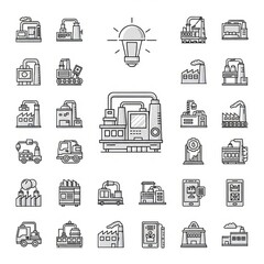 Collection of factory and industry icons in a grid with a lightbulb at the top center of the image