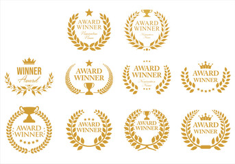 Award Winner emblem collection of gold laurel with gold text isolated on white background	
