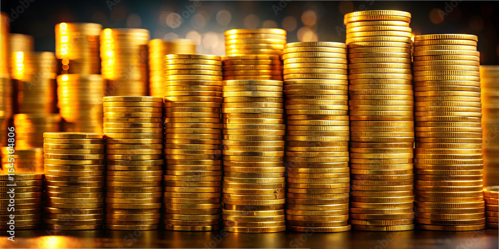 Poster a collection of gold coins is neatly arranged in several stacks, showcasing their shiny surfaces and