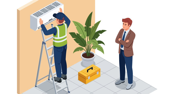 AC Repair Technician Servicing and Inspecting Air Conditioner Unit