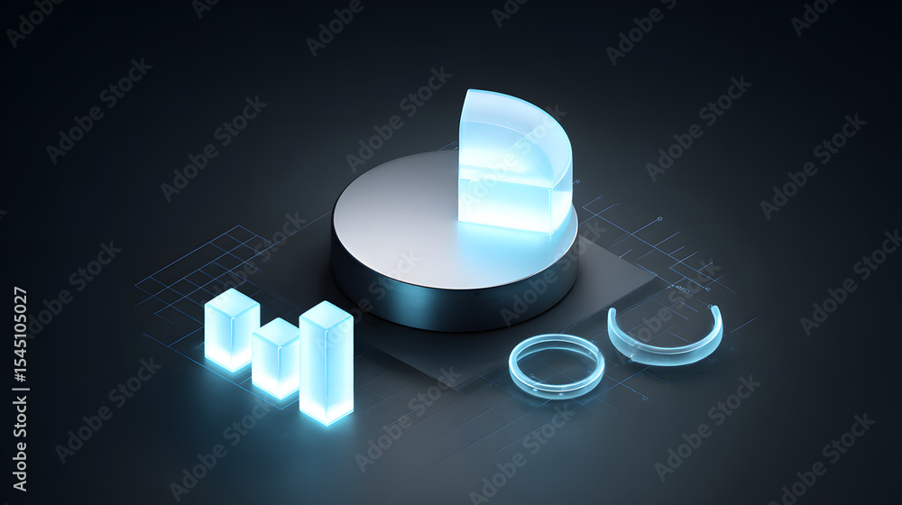 Poster cute isometric 3d image of 3d pie chart and bar chart in realistic metallic silver illuminated by ne