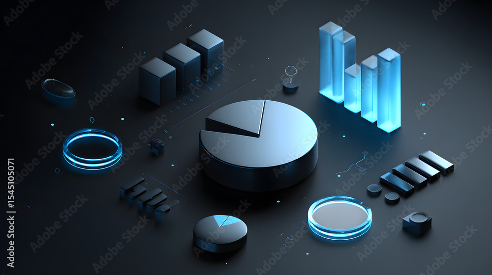 Poster cute isometric 3d image of 3d pie chart and bar chart in realistic metallic silver illuminated by ne