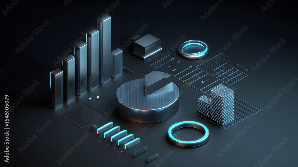 Poster cute isometric 3d image of 3d pie chart and bar chart in realistic metallic silver illuminated by ne