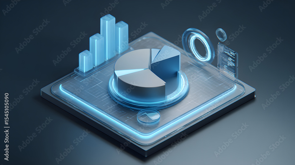 Poster cute isometric 3d image of 3d pie chart and bar chart in realistic metallic silver illuminated by ne