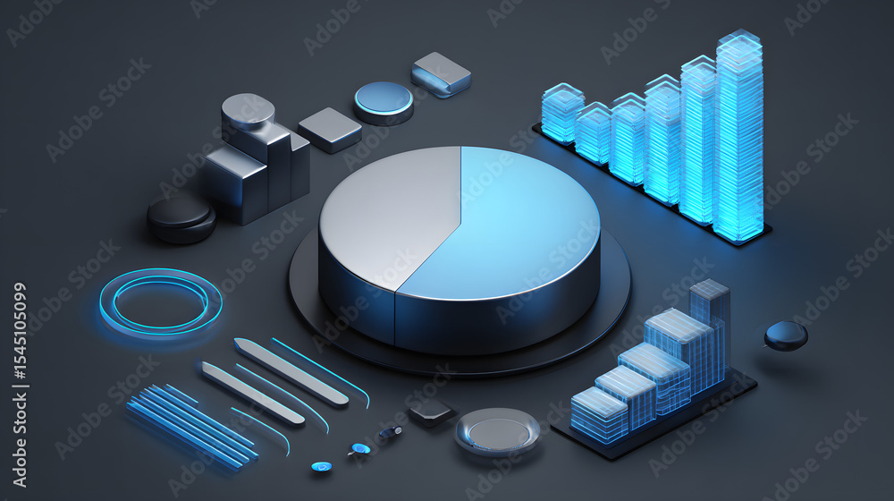 Poster cute isometric 3d image of 3d pie chart and bar chart in realistic metallic silver illuminated by ne