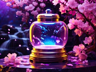 Glass orb with fish, lit by purple glow, in cherry blossom