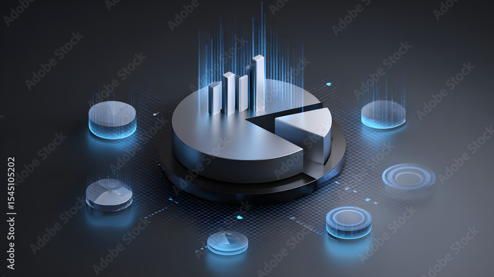 Poster cute isometric 3d image of 3d pie chart and bar chart in realistic metallic silver illuminated by ne