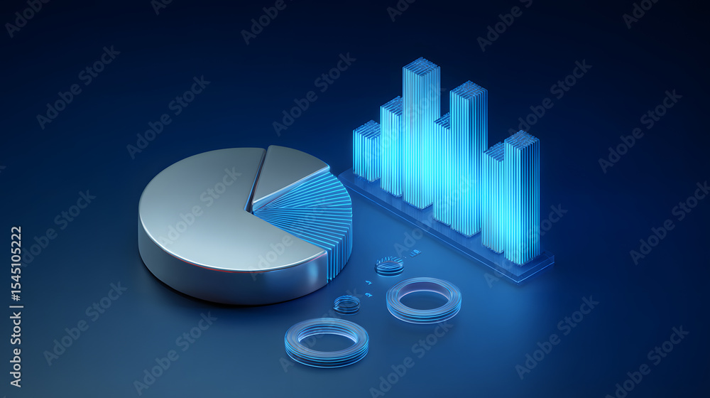 Poster cute isometric 3d image of 3d pie chart and bar chart in realistic metallic silver illuminated by ne