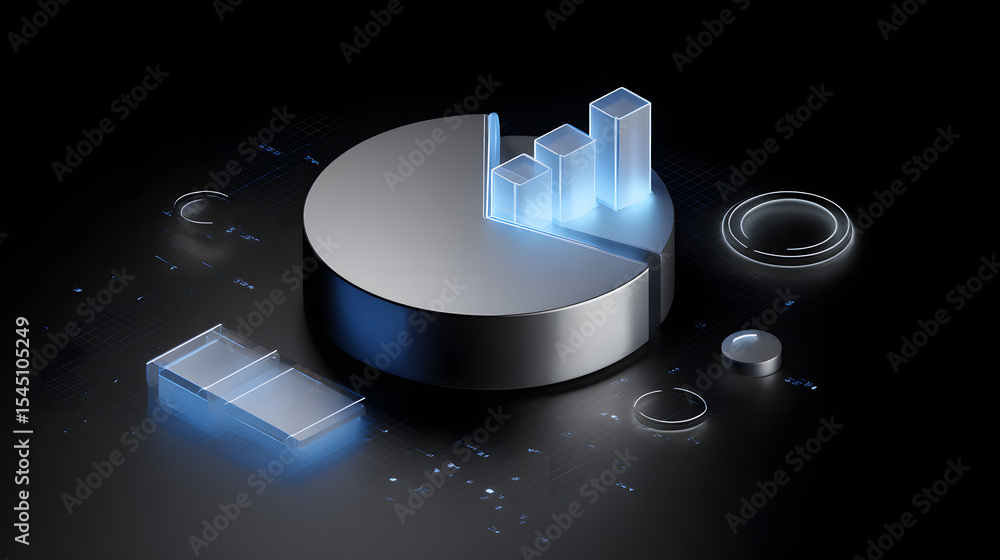 Poster cute isometric 3d image of 3d pie chart and bar chart in realistic metallic silver illuminated by ne