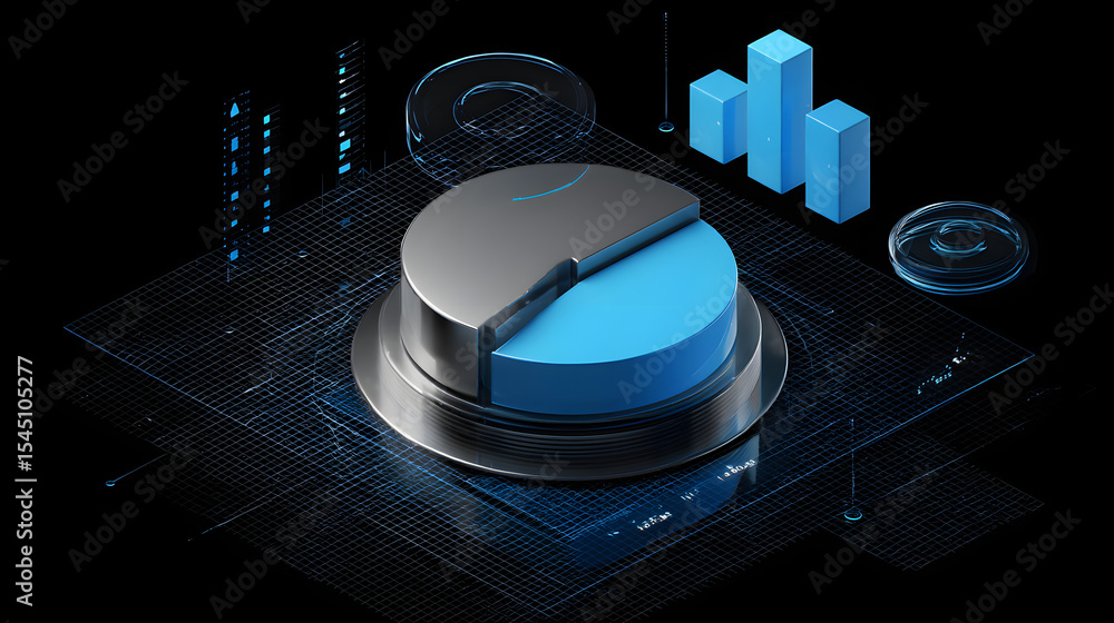 Poster cute isometric 3d image of 3d pie chart and bar chart in realistic metallic silver illuminated by ne