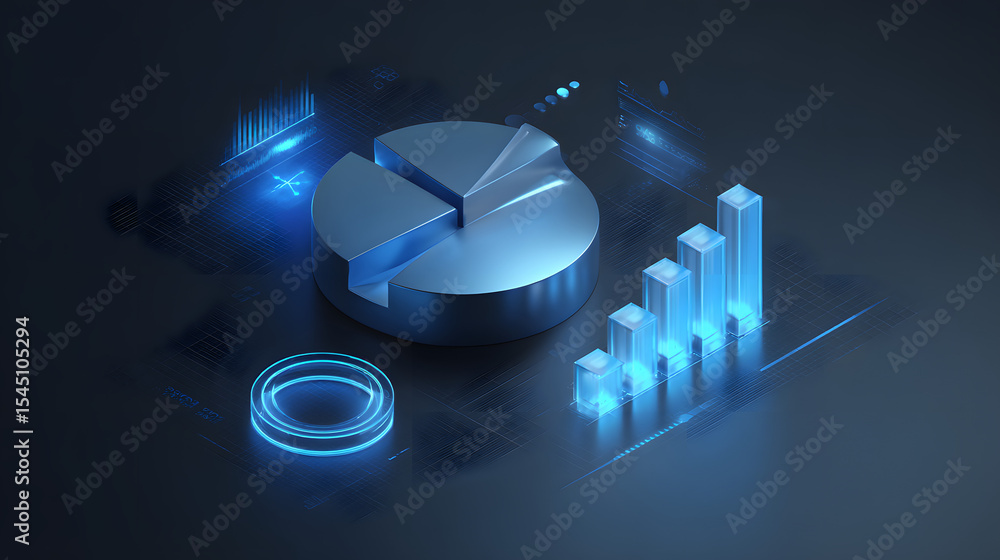 Poster cute isometric 3d image of 3d pie chart and bar chart in realistic metallic silver illuminated by ne