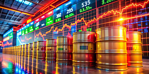 A row of oil barrels is arranged in a contemporary warehouse. Digital screens show fluctuating stock market graphs and financial data. The environment is high-tech and vibrant