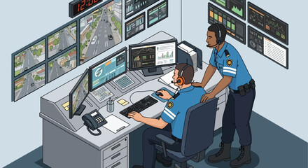 Modern Security Control Room Dispatchers Monitoring Surveillance Systems