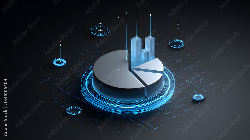 Poster cute isometric 3d image of 3d pie chart and bar chart in realistic metallic silver illuminated by ne