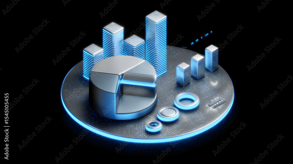 Poster cute isometric 3d image of 3d pie chart and bar chart in realistic metallic silver illuminated by ne