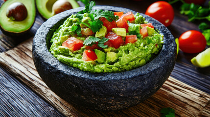 Freshly made guacamole, vibrant green avocado dip with diced tomatoes and cilantro, served in a rustic stone mortar, high-resolution Mexican cuisine shot —ar 16:9 