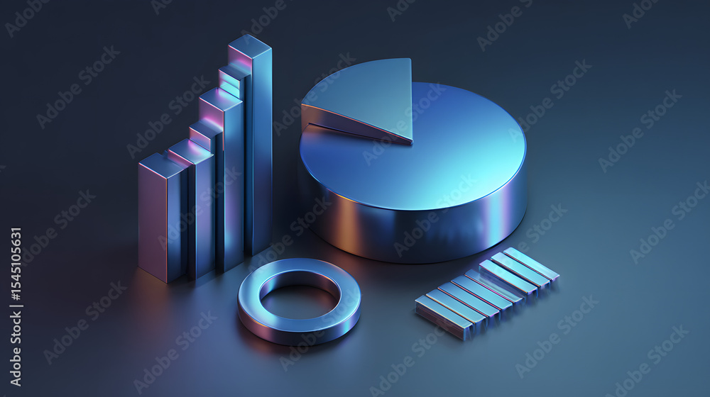 Poster cute isometric 3d image of 3d pie chart and bar chart in realistic metallic silver illuminated by ne