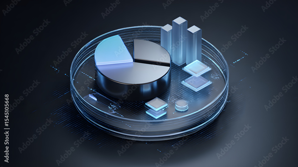 Poster cute isometric 3d image of 3d pie chart and bar chart in realistic metallic silver illuminated by ne
