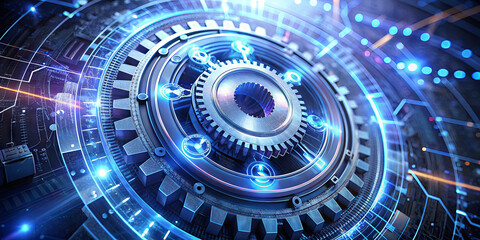 Fototapeta premium A complex gear surrounded by glowing blue lights showcases intricate circuitry and design elements. This technological artwork symbolizes innovation in the digital age