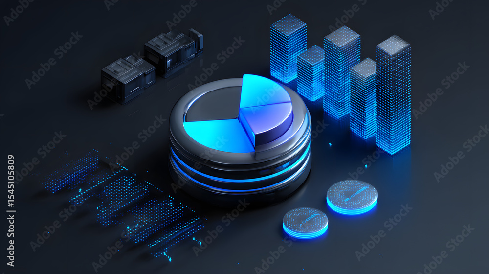 Poster cute isometric 3d image of 3d pie chart and bar chart in realistic metallic silver illuminated by ne