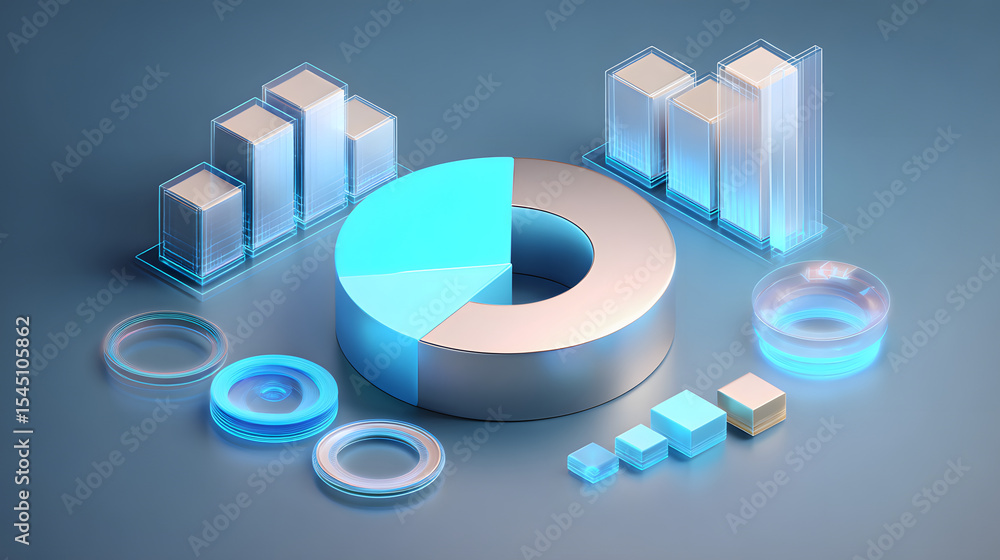 Poster cute isometric 3d image of 3d pie chart and bar chart in realistic metallic silver illuminated by ne