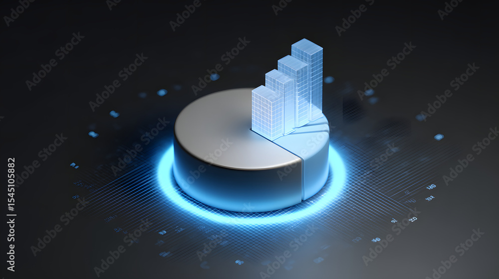 Poster cute isometric 3d image of 3d pie chart and bar chart in realistic metallic silver illuminated by ne