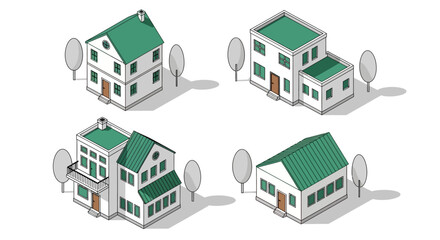 Collection of Isometric House Illustrations Modern and Classic Designs