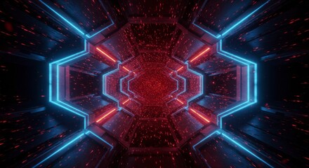 Futuristic red and blue neon lights illuminate a hexagonal tunnel filled with glowing particles