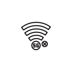 A clean line icon showing a strong Wi-Fi signal with "5G" and an "X" mark, symbolizing a disconnected or unavailable 5G network.