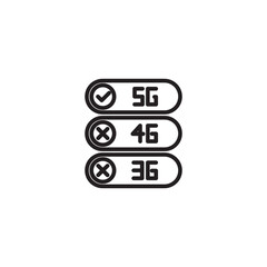 A minimalist icon showing three rounded rectangles: "5G" with a checkmark, and "4G" and "3G" each with an "X," indicating 5G is available and older networks are not.