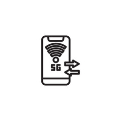 A clean line icon depicts a smartphone with a 5G Wi-Fi signal and two horizontal arrows, symbolizing 5G mobile data transfer or connectivity.