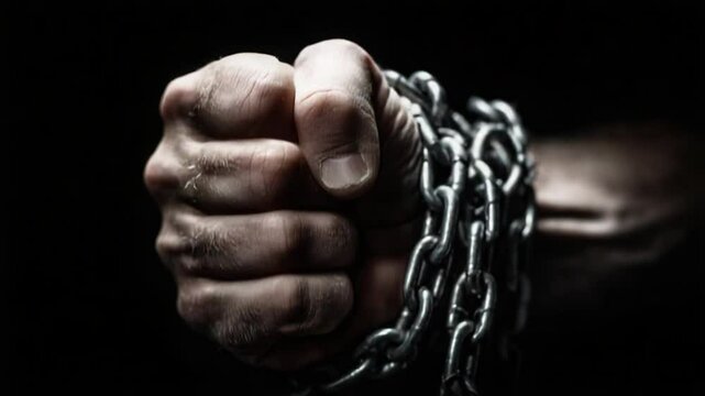 Powerful Fist Bound by Chain: Symbol of Strength, Struggle, and Determination on Dark Background