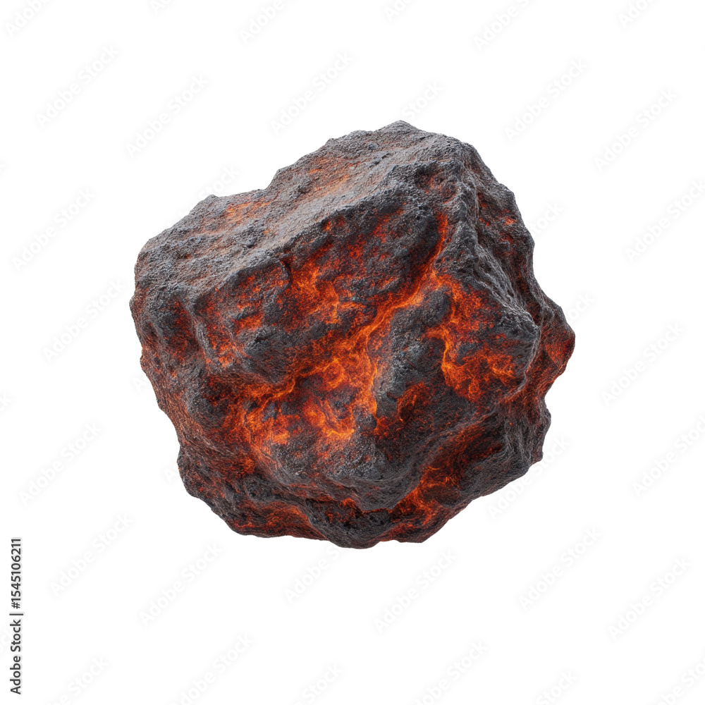 Poster realistic erupting lava rock with fiery textures and detailed surface in 3d rendering transparent ba