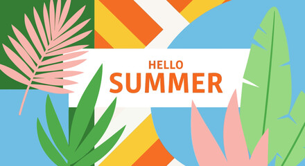 Hello Summer Vibrant Tropical Leaves and Geometric Design