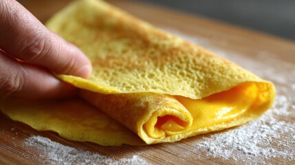 Fresh Yellow Crepe with Melting Cheese on Wooden Surface