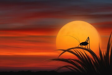 Silhouette of a cricket on foliage against a vibrant sunset in an open landscape